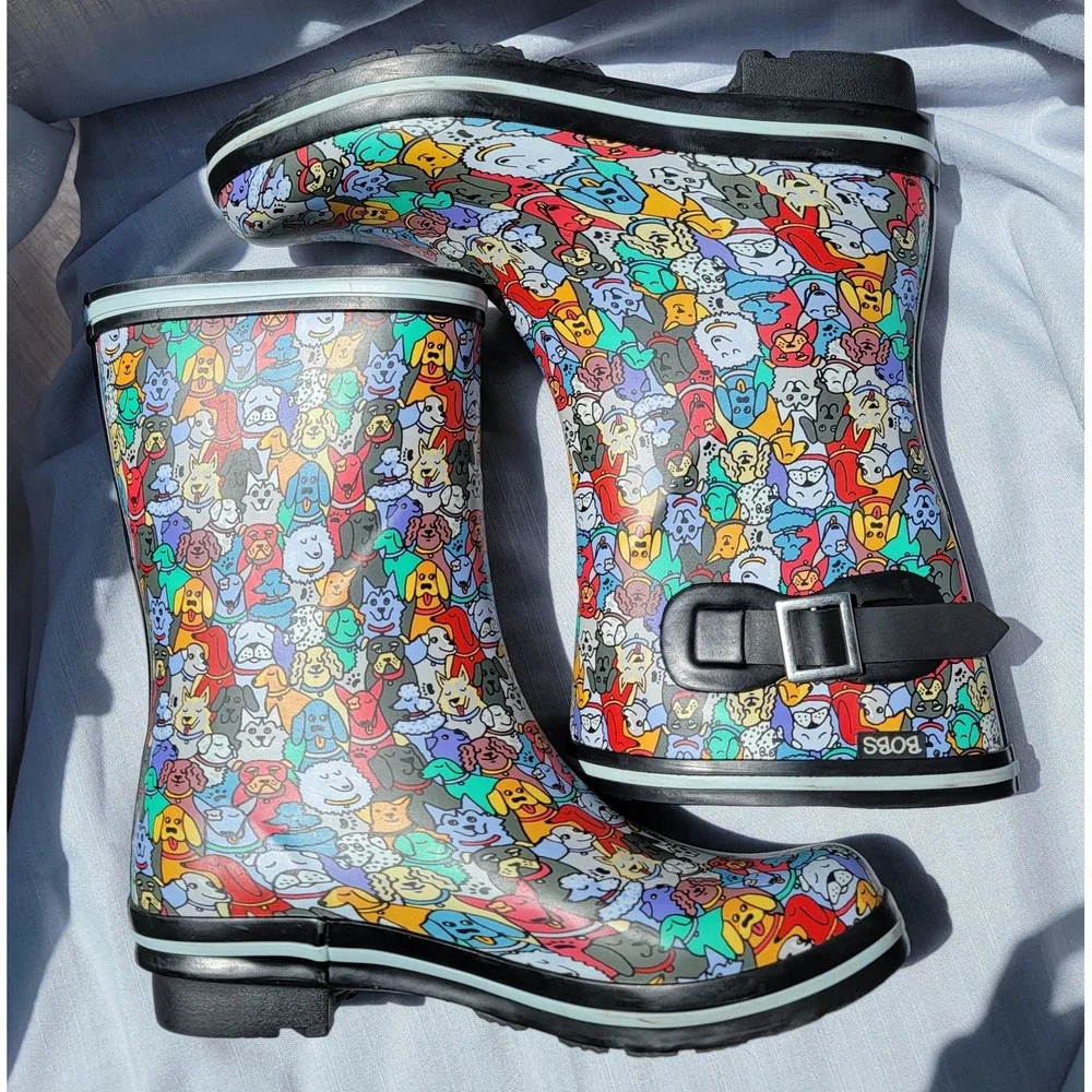 Skechers BOBS Rain Check Puddle Paws Dog Print Rain Boots 33373 BKMT Womens 8